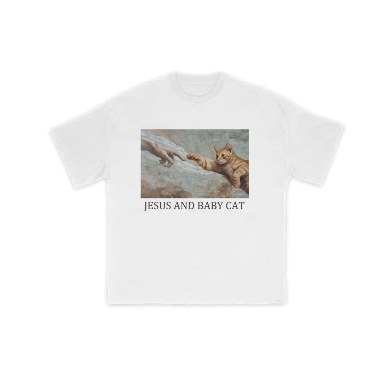 Unisex Jesus And Baby Cat Print T-shirt