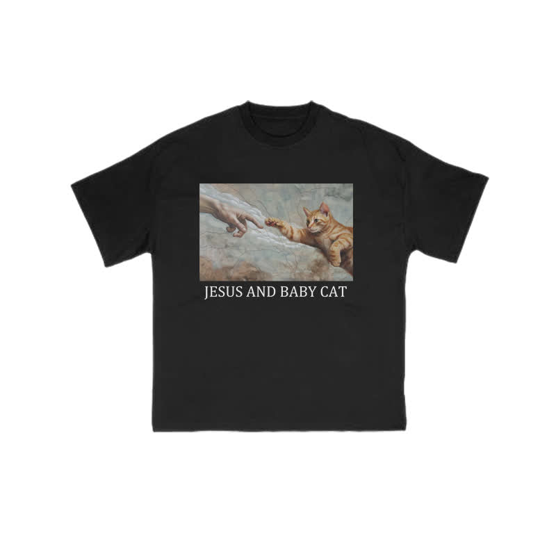 Unisex Jesus And Baby Cat Print T-shirt