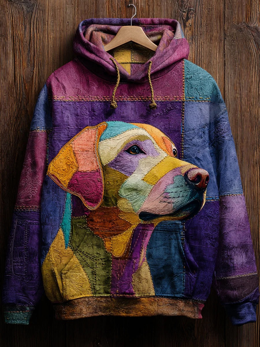 Vintage Patchwork Dog Print Art Casual Hoodie