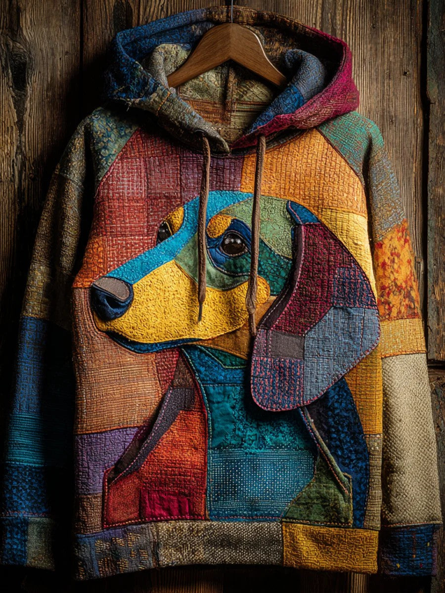 Vintage Patchwork Dog Print Art Casual Hoodie