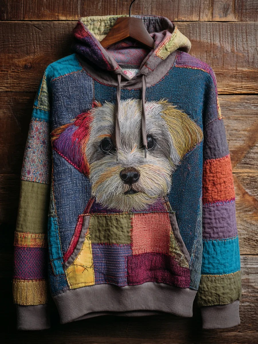 Vintage Patchwork Dog Print Art Casual Hoodie