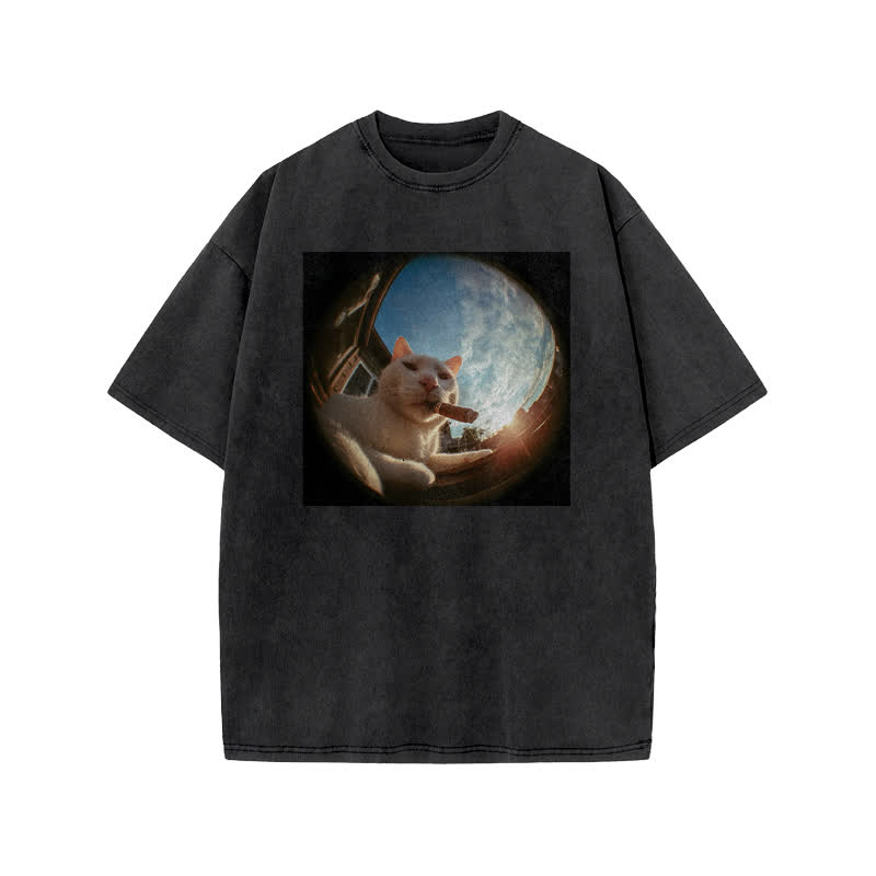 Unisex 100% Cotton Cat In Camera Print Acid Washed T-shirt
