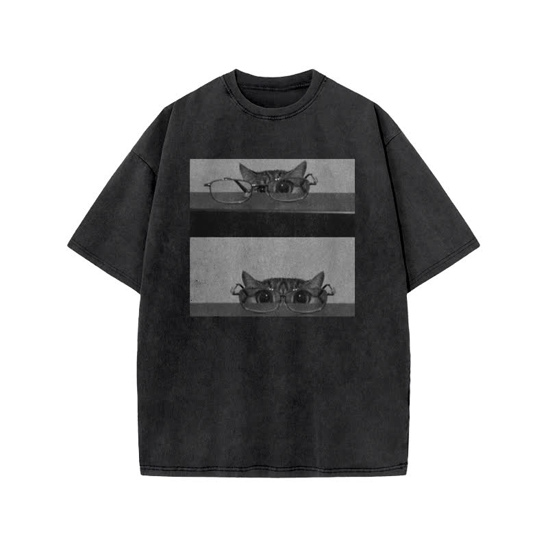 Unisex 100% Cotton  Cute Cat Glasses Print Acid Washed T-shirt