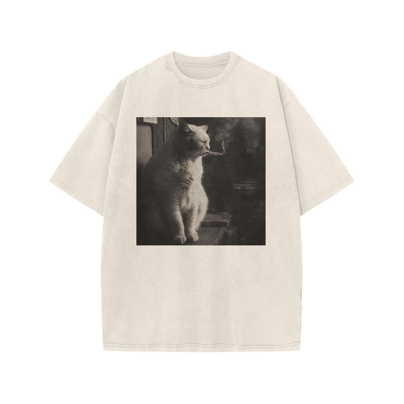 Unisex 100% Cotton Melancholic Cat Print Acid Washed T-shirt