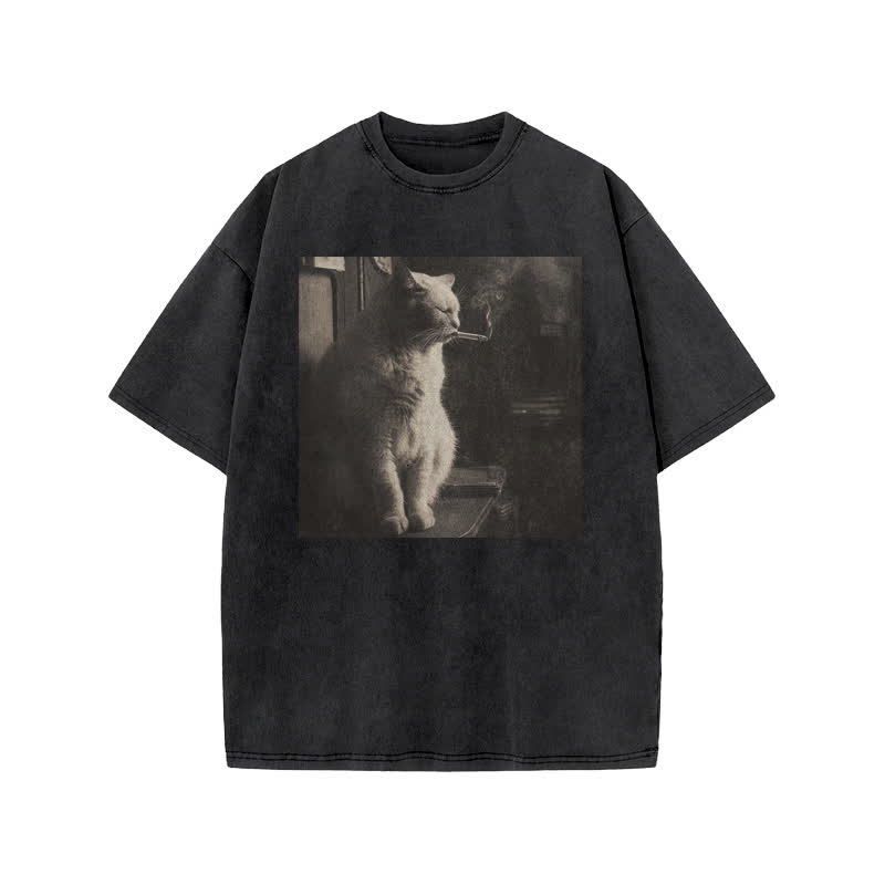 Unisex 100% Cotton Melancholic Cat Print Acid Washed T-shirt