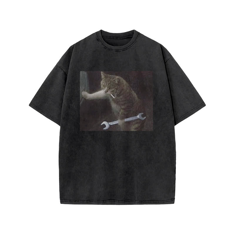 Unisex 100% Cotton Overlord Cat Print Acid Washed T-shirt