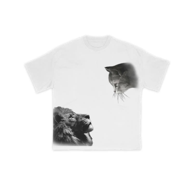 Unisex 100% Cotton Lion And Cat Print T-shirt