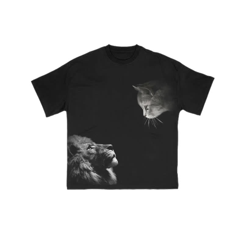 Unisex 100% Cotton Lion And Cat Print T-shirt