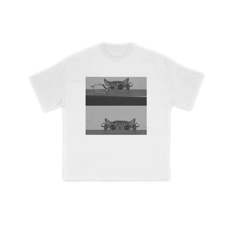 Unisex 100% Cute Cat Glasses Print T-shirt