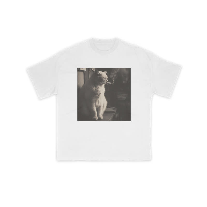 Unisex 100% Melancholic Cat Glasses Print T-shirt