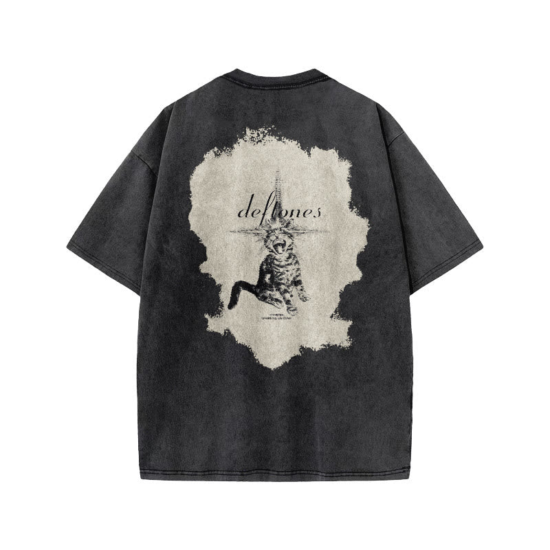 Unisex Deftones Meme Cat Print Acid Washed T-shirt