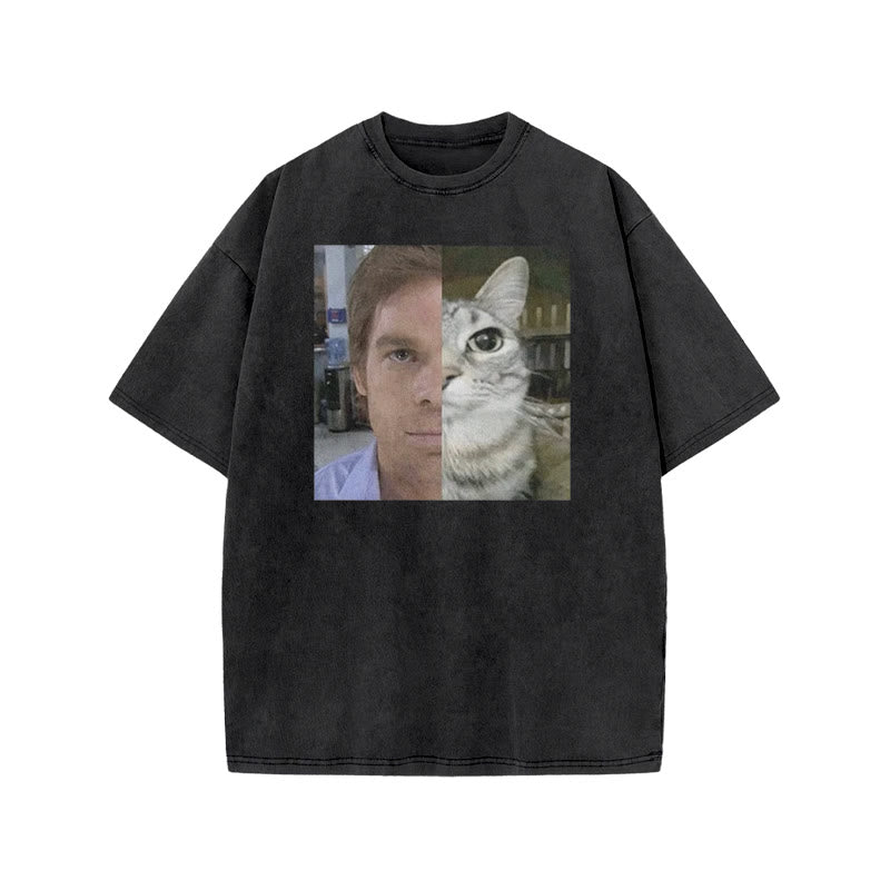 Unisex Patchwork Cat Print Acid Washed T-shirt