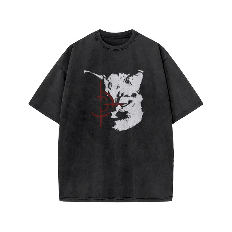 Unisex Sniper Cat Print Acid Washed T-shirt