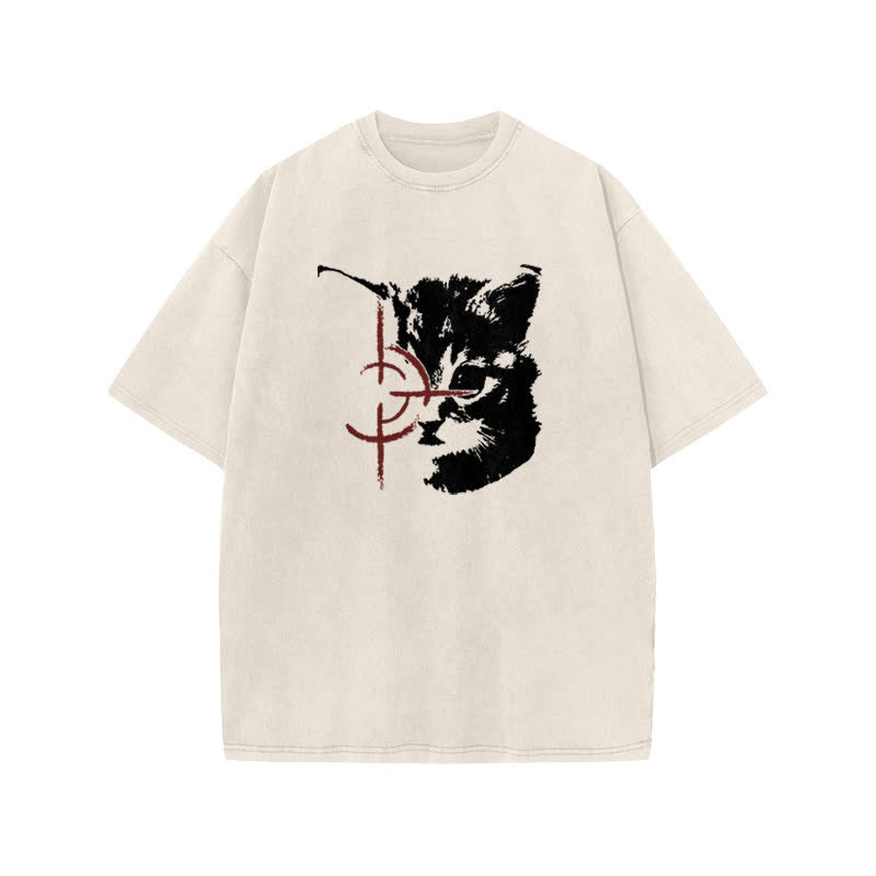Unisex Sniper Cat Print Acid Washed T-shirt