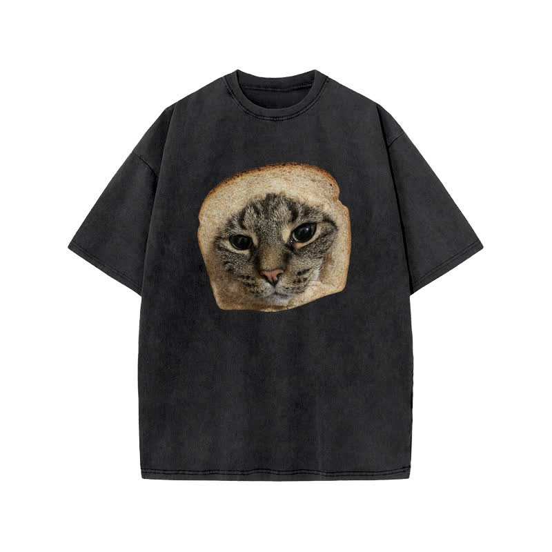 Unisex Toast Cat Print Acid Washed T-shirt