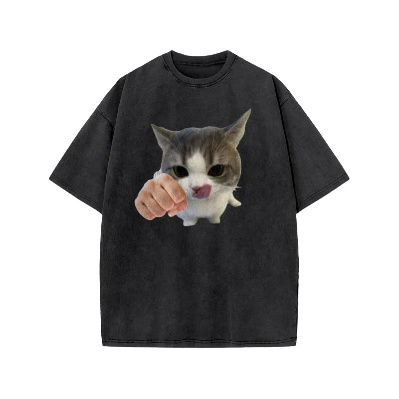 Unisex Kung Fu Cat Print Acid Washed T-shirt