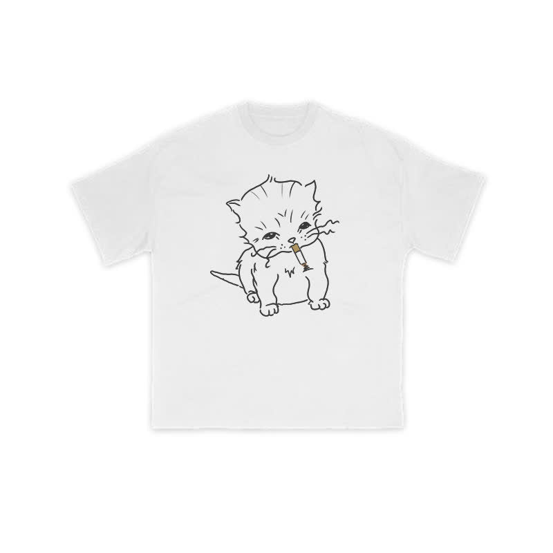 Unisex Smoking Cat Print T-shirt