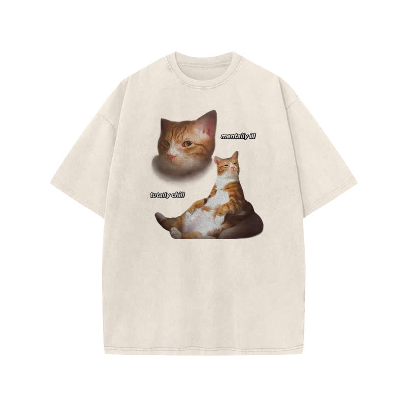 Unisex  "Mentally Ill Totally Chill" Fun Cat Pattern Print Acid Washed T-shirt