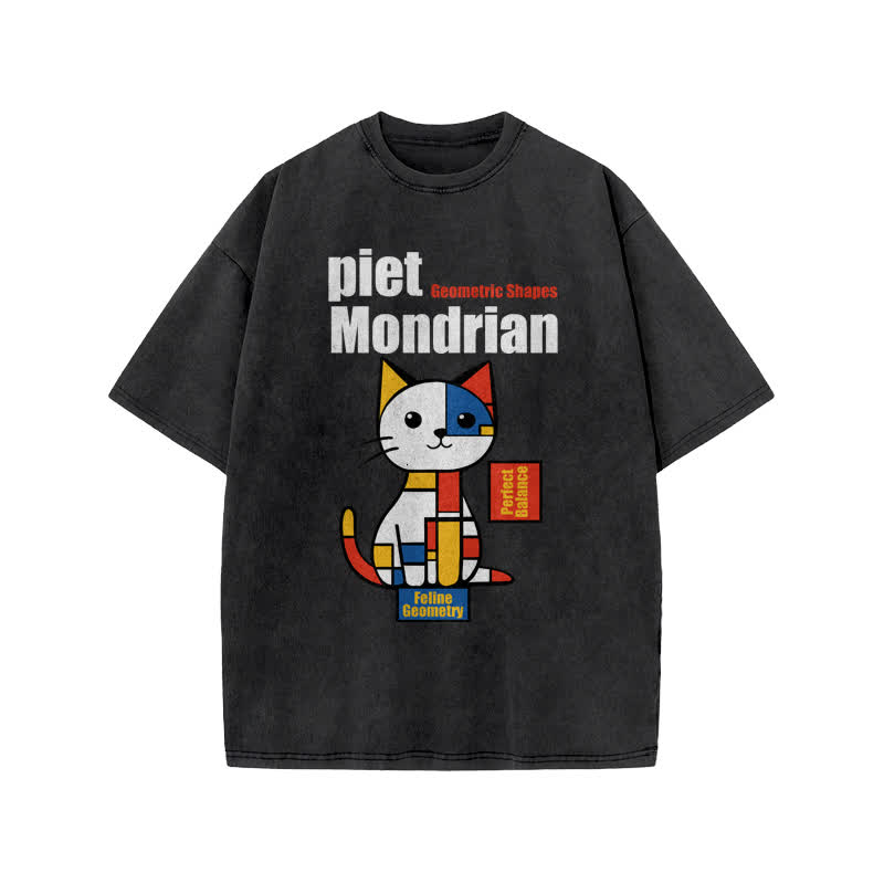 Unisex Geometric Shapes Cat Print Acid Washed T-shirt