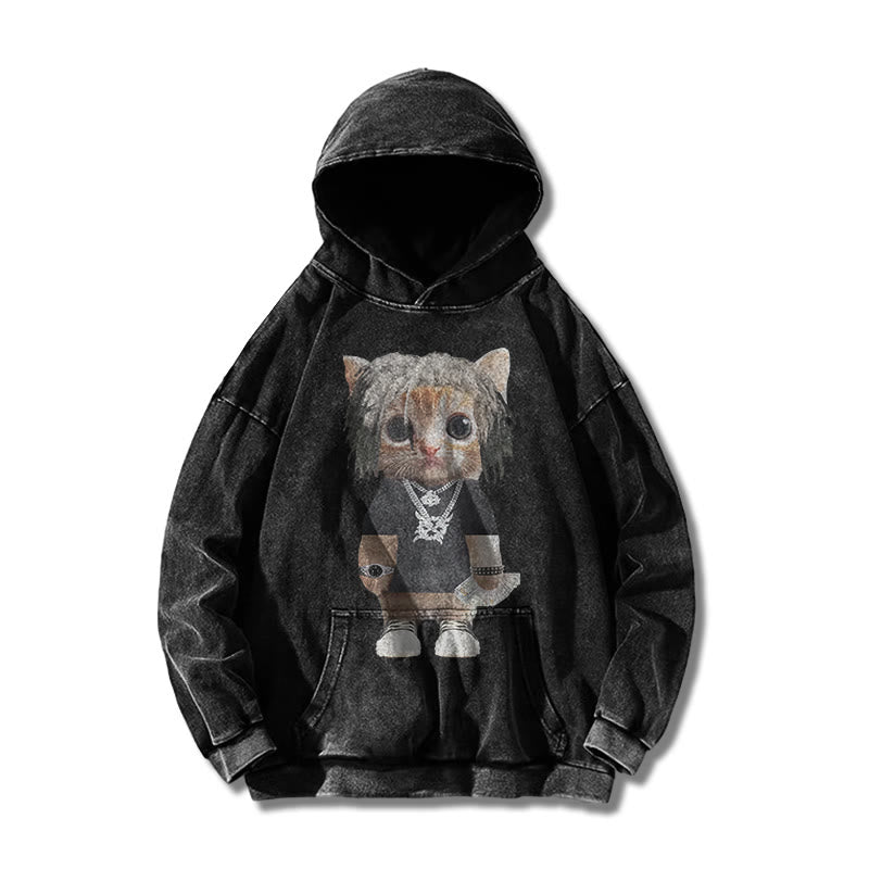 Unisex Street Style Cat Printed Washed Hoodie