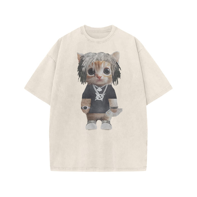 Unisex Street Style Cat Print Acid Washed T-shirt