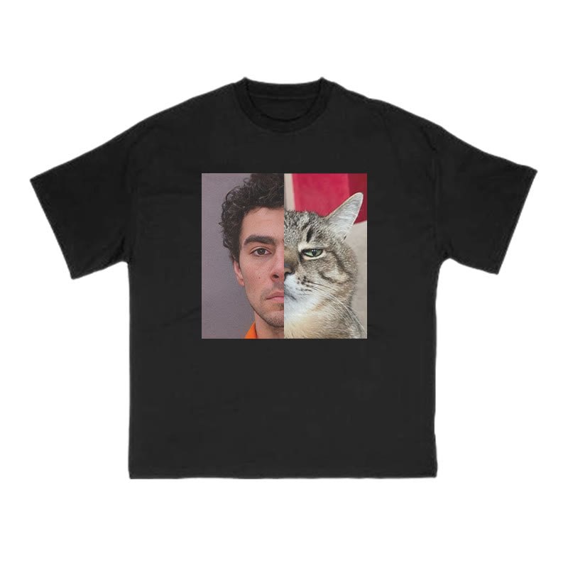 Unisex Disdainful Cat Patchwork Print T-shirt