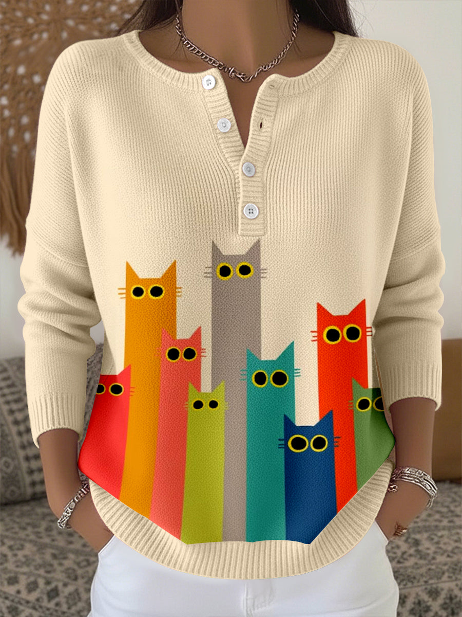 Women's Cute Cat Pattern Cozy Knit Top