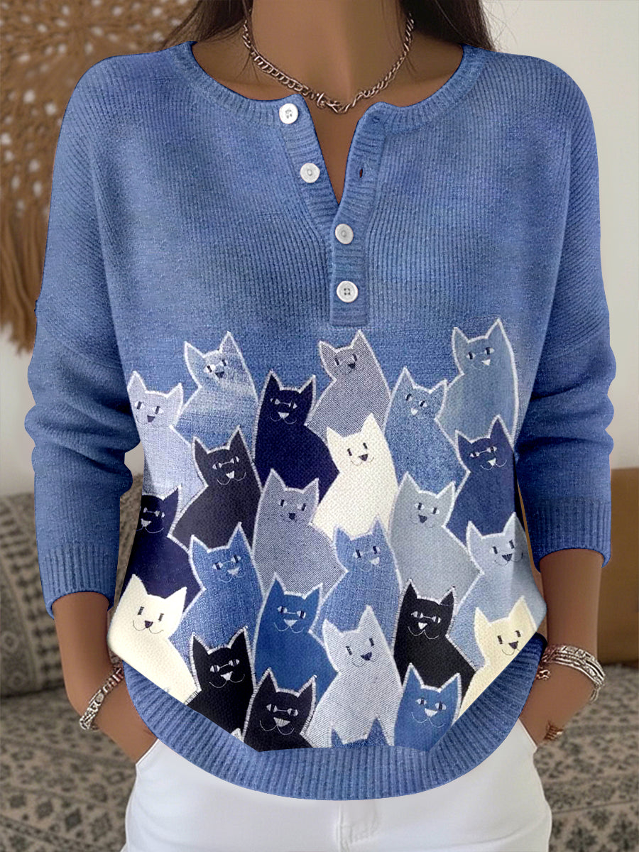 Women's Cute Cat Pattern Cozy Knit Top