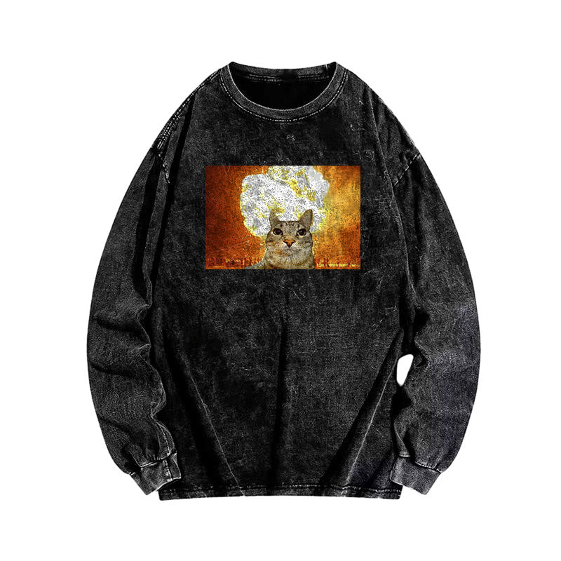 Funny Cat Print Acid Washed Long Sleeve T-shirt