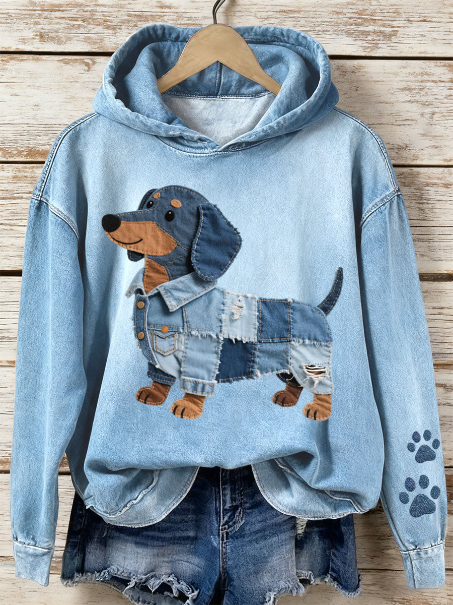 Women's Denim Patchwork Art Dachshund Pattern Hoodie