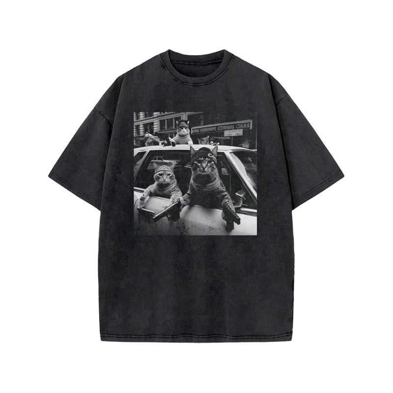 Funny Cat Gang Print Acid Washed T-shirt