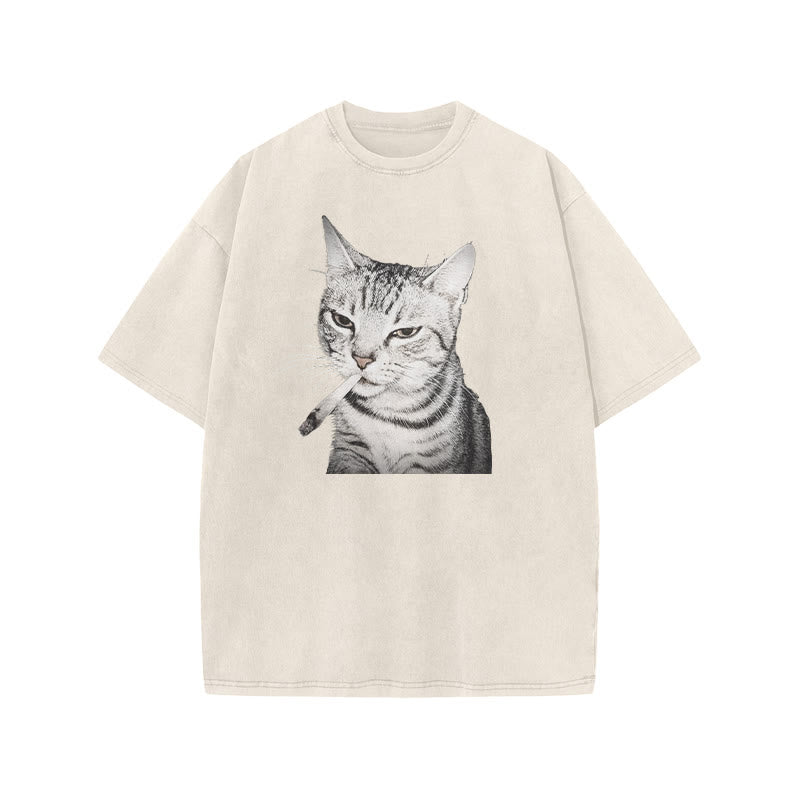 Tabby Cat With A Cigarette In Its Mouth Print Acid Washed T-shirt