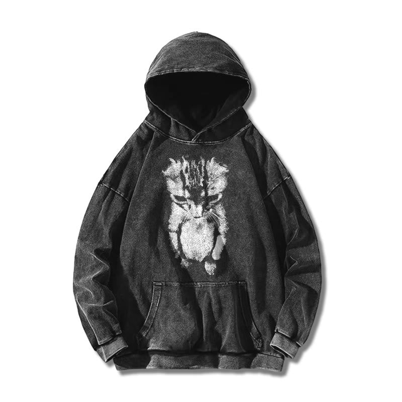 Funny Cat Meme Printed Washed Hoodie