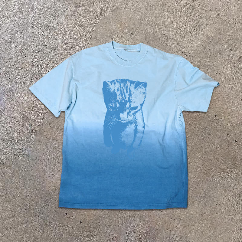 Funny Cat Meme Print Ombre Acid Washed T-shirt