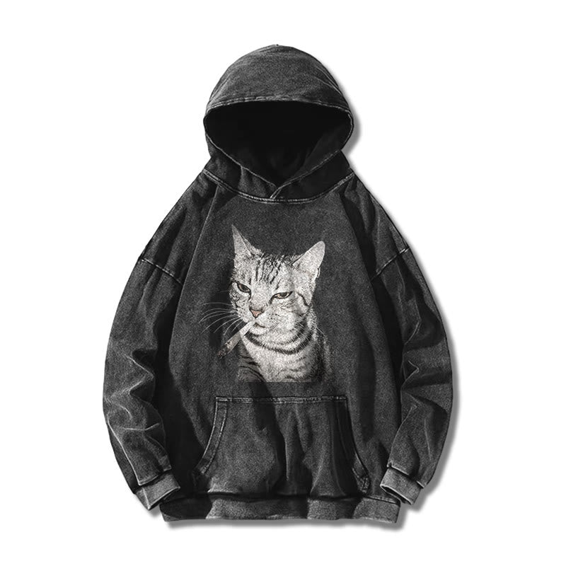 Tabby Cat With A Cigarette In Its Mouth Printed Washed Hoodie