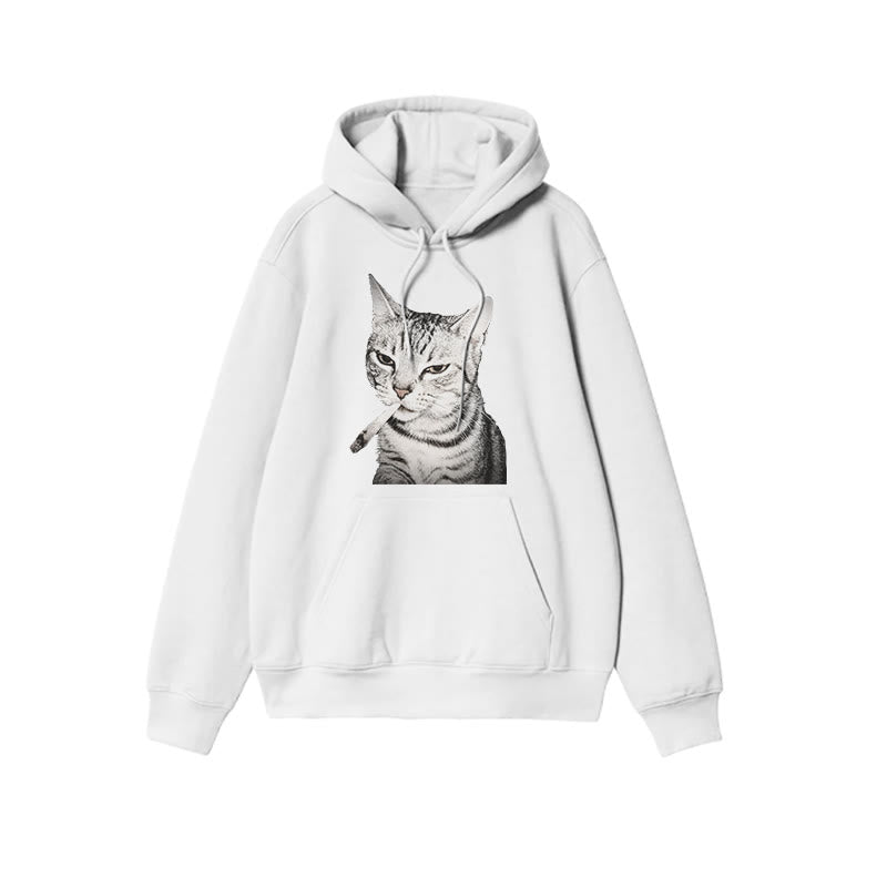 Tabby Cat With A Cigarette In Its Mouth Print Causal Hoodie