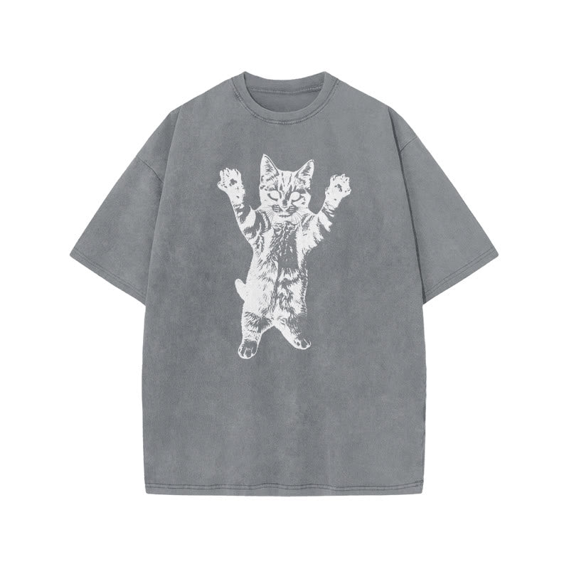 Funny Cat With Its Paws Up Print Acid Washed T-shirt