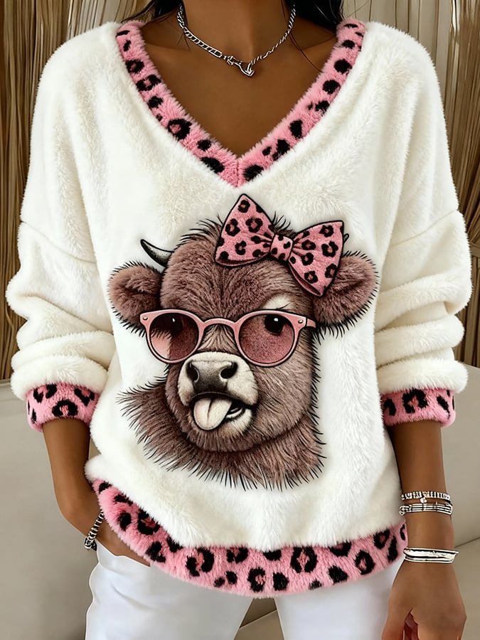 Women's Animal Highland Cow Print V-Neck Top