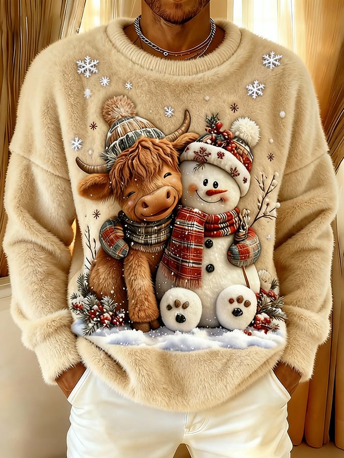 Men's Cute Animal Highland Cow Yeti Flannel Print Top