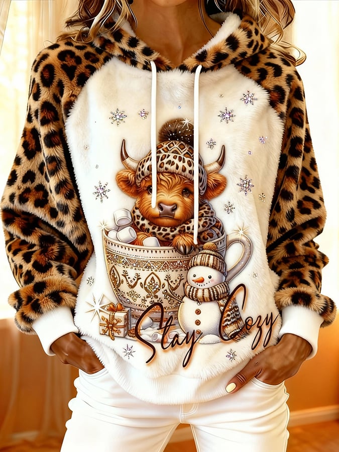 Haut à capuche en flanelle à imprimé vache des Highlands pour femme 