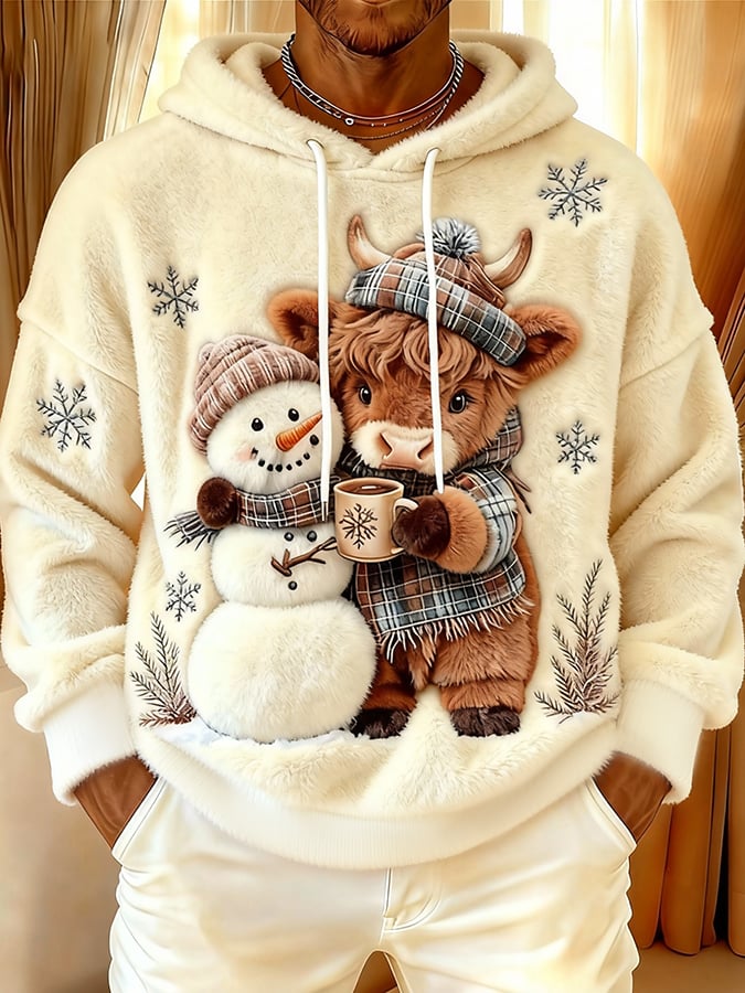 Men's Cute Animal Highland Cow Yeti Flannel Print Hooded Top