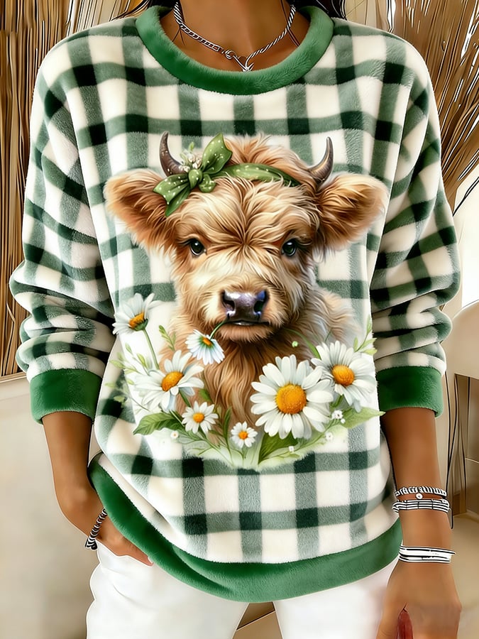 Haut à col rond pour femme avec imprimé animal vache des Highlands 