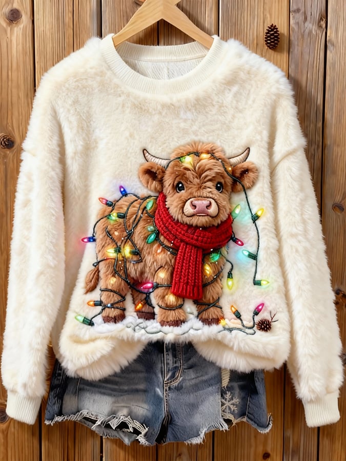 Women's Fluffy Highland Cow Print Round Neck Flannel Sweatshirt