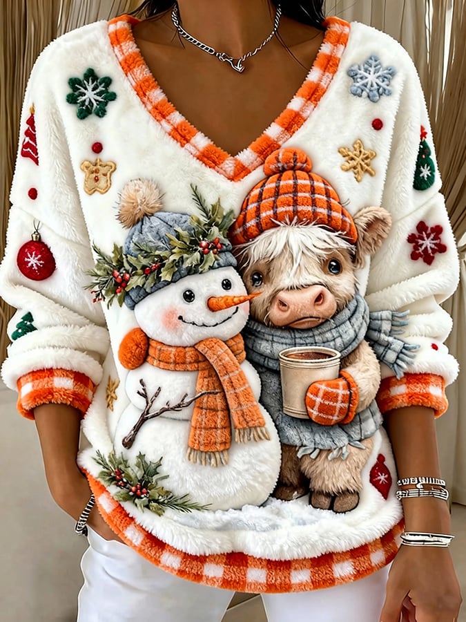 Women's Animal Highland Cow Print V-Neck Top