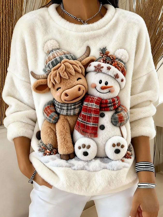 Women's Animal Highland Cow Yeti Art Print Crew Neck Top