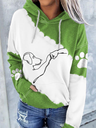 Women's long-sleeved hooded sweatshirt with dog pattern print