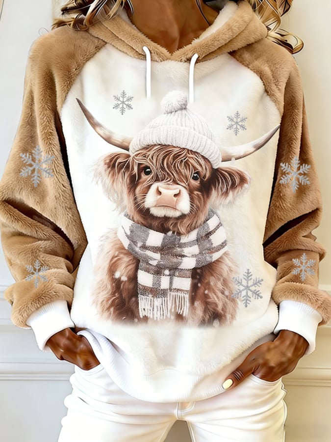 Women'S Cute Animal Highland Cow Print Flannel Raglan Sleeve Hooded Top