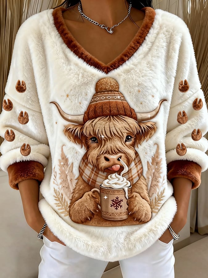 Women's Animal Highland Cow Print V-Neck Top