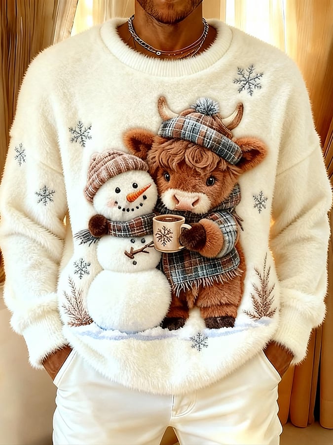 Men's Cute Animal Highland Cow Yeti Flannel Print Top