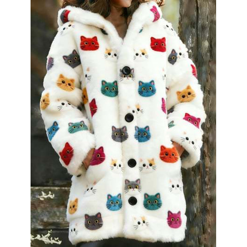 Women's Animal Cat Print Flannel Warm Jacket